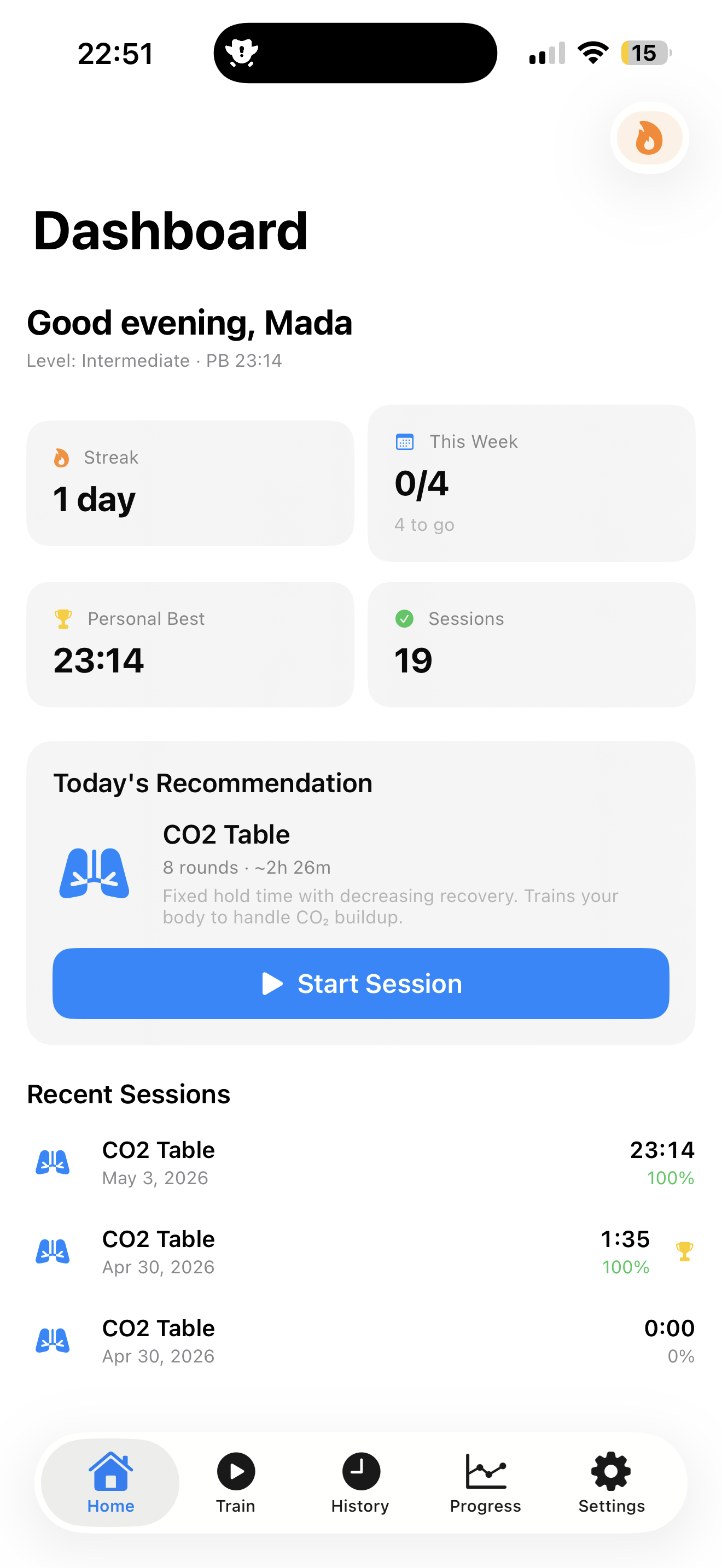 BreathHold Coach dashboard